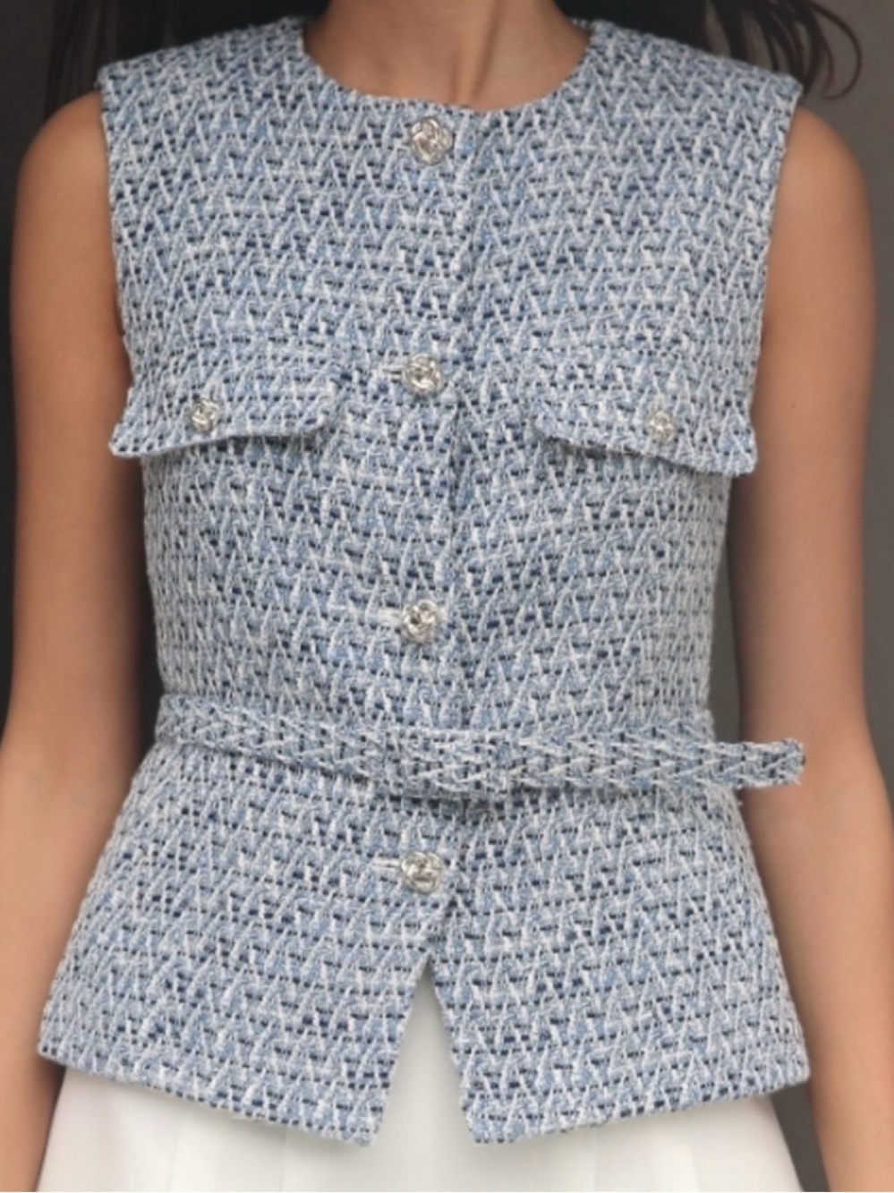 Zara Blue Textured Tweed Sleeveless Vest With Belt. Excellent condition